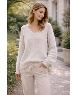 WEICHER OVERSIZED PULLOVER MIT SPITZENBASIS PE2244 BEIGE