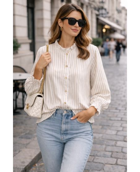 CHEMISE A RAYURES FINES COL MONTANT PE2227 TAUPE