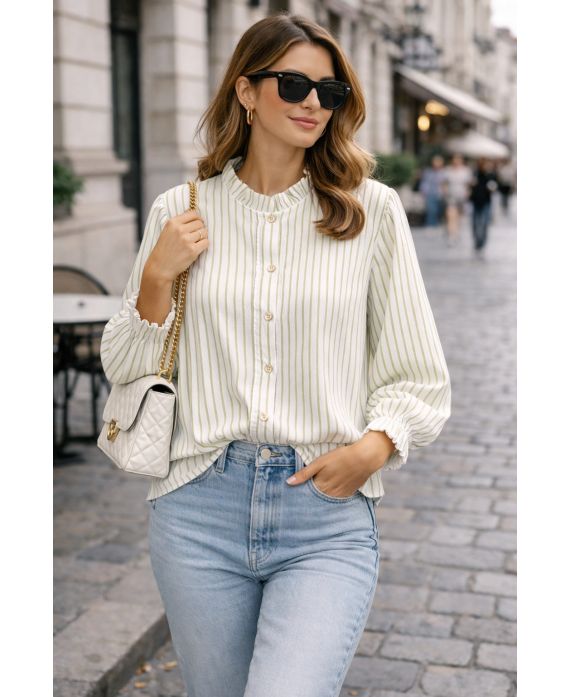 CHEMISE A RAYURES FINES COL MONTANT PE2227 VERT