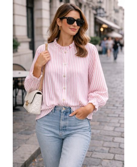 CHEMISE A RAYURES FINES COL MONTANT PE2227 ROUGE