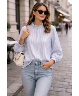 CHEMISE A RAYURES FINES COL MONTANT PE2227 BLEU