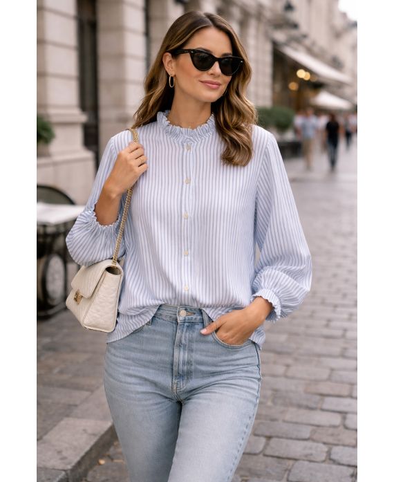 CHEMISE A RAYURES FINES COL MONTANT PE2227 BLEU