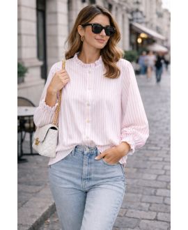 CHEMISE A RAYURES FINES COL MONTANT PE2227 ROSE