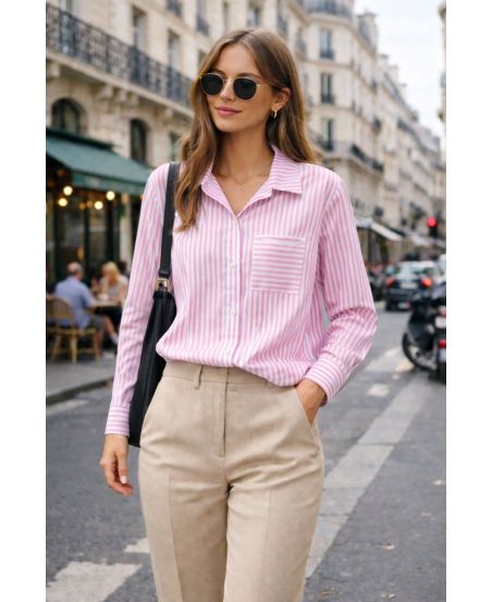 CAMISA DE BOLSILLO A RAYAS PE2254 ROSA