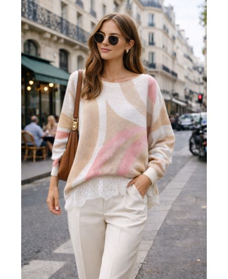 OVERSIZE'OWY SWETER Z KORONKOWYM SPÓDKIEM PE2262 BEŻOWY