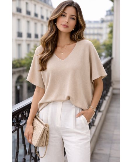 PULL MANCHES COURTES COL V PE2271 BEIGE