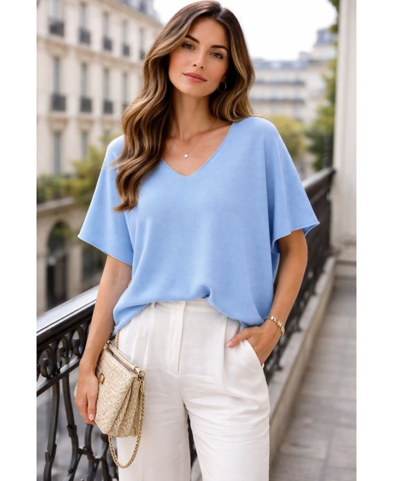 PULL MANCHES COURTES COL V PE2271 BLEU CIEL