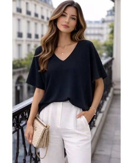 JERSEY DE MANGA CORTA Y ESCOTE EN V PE2271 NEGRO