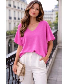 SHORT-SLEEVED V-NECK SWEATER PE2271 FUSHIA