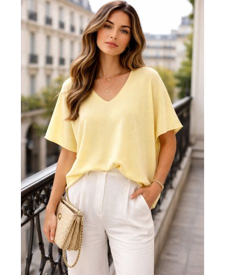 MAGLIONE A MANICHE CORTE A V PE2271 GIALLO