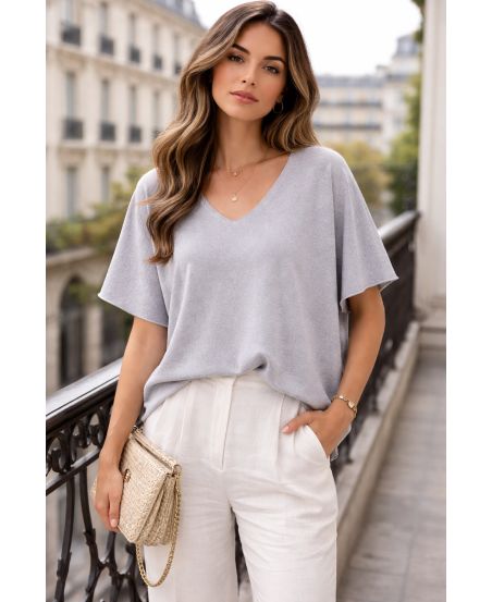 SHORT-SLEEVED V-NECK SWEATER PE2271 GREY