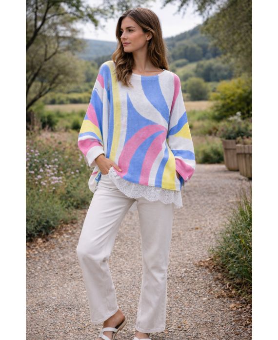 PULL OVERSIZE IMPRIMEE BASE DENTELLE PE2262 BLEU