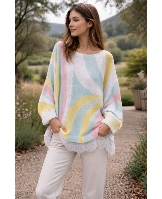 PULL OVERSIZE IMPRIMEE BASE DENTELLE PE2262 VERT PASTEL