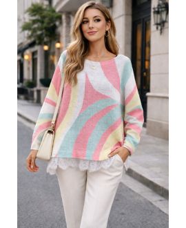 ÜBERGROSSER, BEDRUCKTER PULLOVER MIT SPITZENBASIS PE2262 KORAL