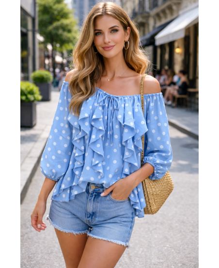 CAMICETTA A POIS A CASCATA SS2266 CIELO BLU