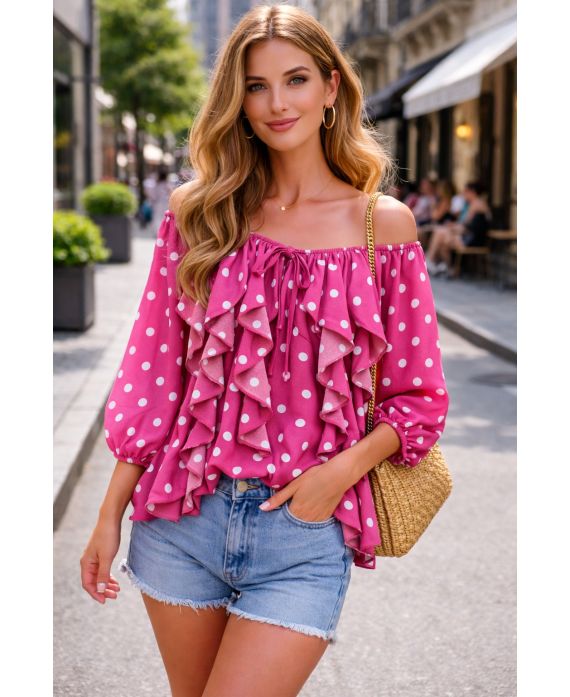 BLOUSE A POIS VOLANTS CASCADE PE2266 FUSHIA