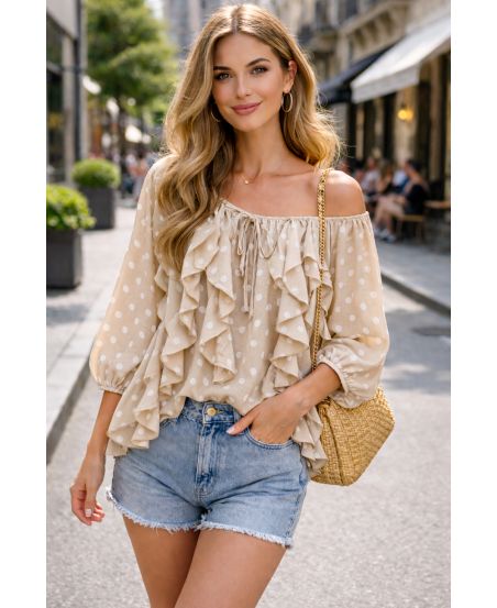 BLOUSE A POIS VOLANTS CASCADE PE2266 BEIGE