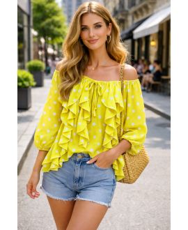 BLUSA CON VOLANTES DE LUNARES EN CASCADA PE2266 AMARILLO