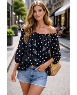 BLOUSE A POIS VOLANTS CASCADE PE2266 NOIR