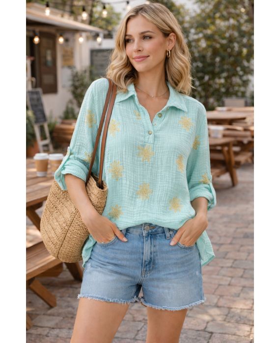 COTTON GAUZE TUNIC EMBROIDERY PE2386 PASTEL GREEN