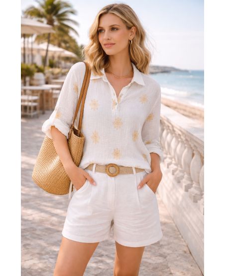 BAUMWOLLMULL-TUNIKA-STICKEREI PE2386 WEISS