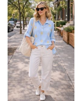 COTTON GAUZE TUNIC WITH EMBROIDERY PE2386 SKY BLUE