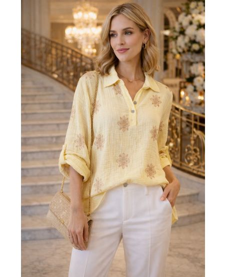 TUNIQUE GAZE DE COTON BRODERIE PE2386 JAUNE