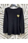HEART SWEATER WITH BUTTON SLEEVES PE2354 BLACK