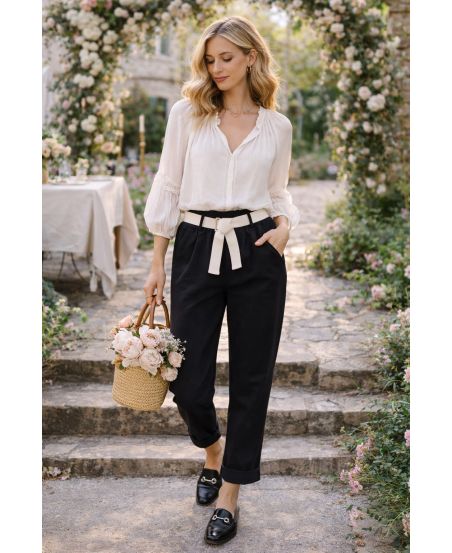 PANTALON TAILLE ELASTIQUE 2 POCHES + CEINTURE PE2401 NOIR