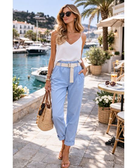 PANTALON TAILLE ELASTIQUE 2 POCHES + CEINTURE PE2401 BLEU CIEL