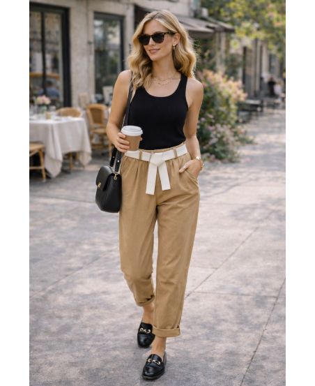 2-POCKET ELASTIC WAIST PANTS + PE2401 CAMEL BELT
