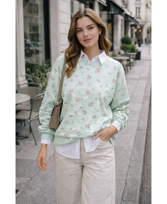 SWEAT SHIRT FLEURES PE2379 VERT PASTEL