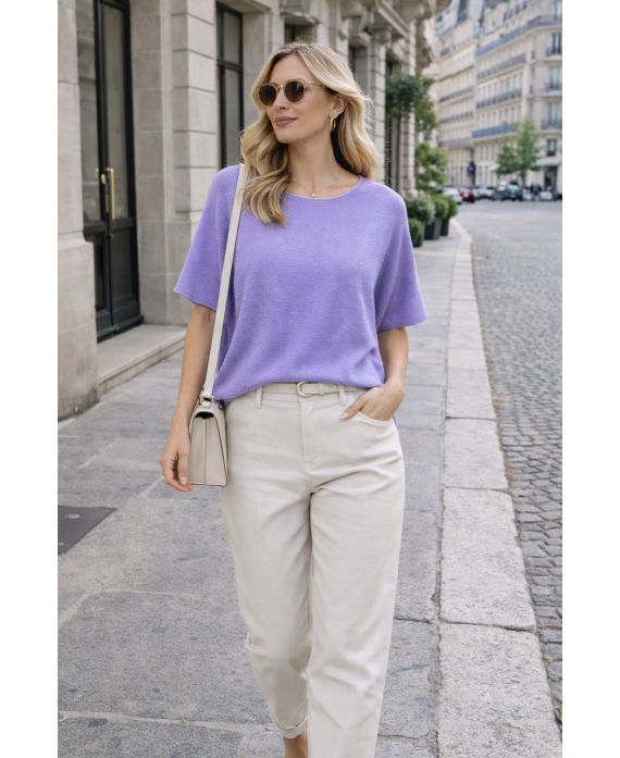 PULL FLUIDE SANS COUTURE COL ROND PE2392 LILA