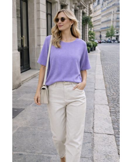 PULL FLUIDE SANS COUTURE COL ROND PE2392 LILA