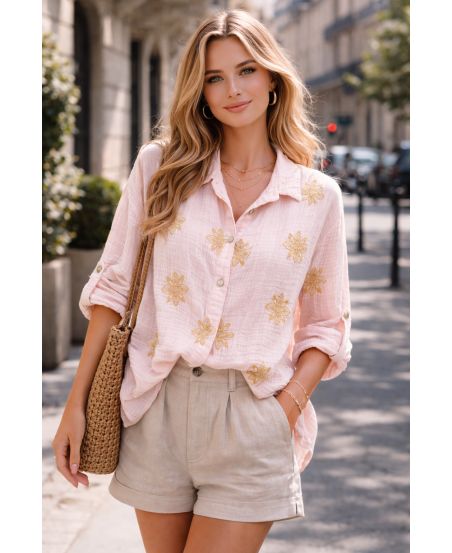 CHEMISE GAZE DE COTON BRODERIE PE2414 ROSE