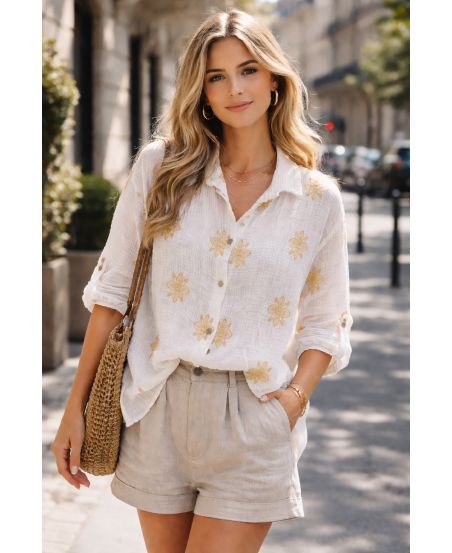 CAMISA BORDADA DE GASA DE ALGODÓN PE2414 BLANCA