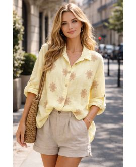 CAMICIA IN GARZA DI COTONE CON RICAMO PE2414 GIALLO