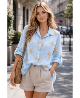 CHEMISE GAZE DE COTON BRODERIE PE2414 BLEU CIEL