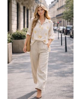 CAMICIA IN GARZA DI COTONE RICAMATO PE2414 BEGE