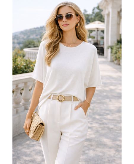 PULL FLUIDE SANS COUTURE COL ROND PE2392 BLANC