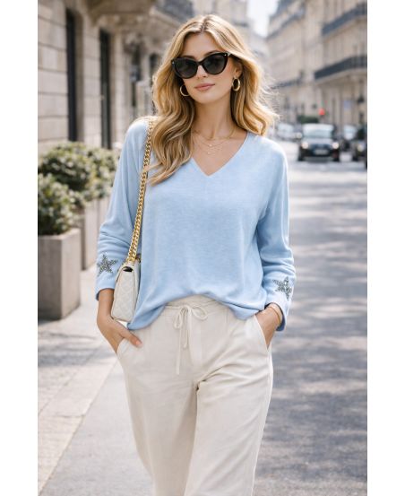 LIGHTWEIGHT RHINESTONE STAR FLOCKING SWEATER PE2424 SKY BLUE