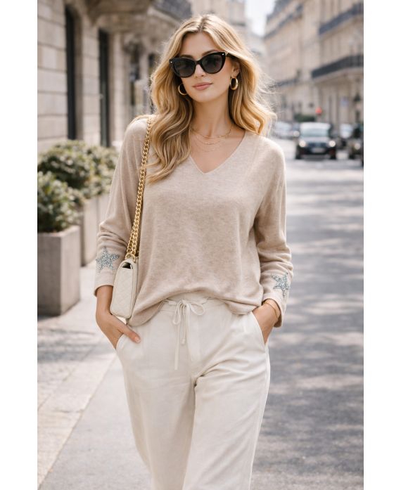 LEICHTER STRASSSTEIN-STERN-FLOCK-PULLOVER PE2424 BEIGE