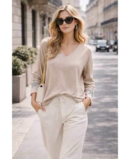 MAGLIONE LEGGERO A STRASS A STAS A STO CON FLOCKING PE2424 BEGE