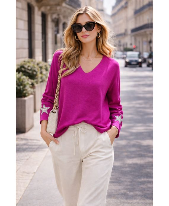 MAGLIONE LEGGERO A STELLA DI STRASS PE2424 FUSHIA