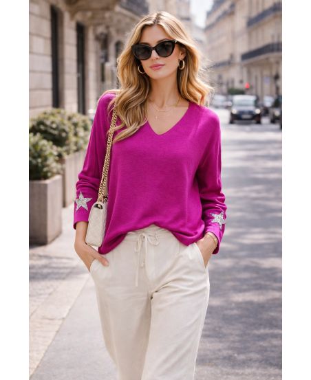 LIGHTWEIGHT RHINESTONE STAR FLOCKING SWEATER PE2424 FUSHIA