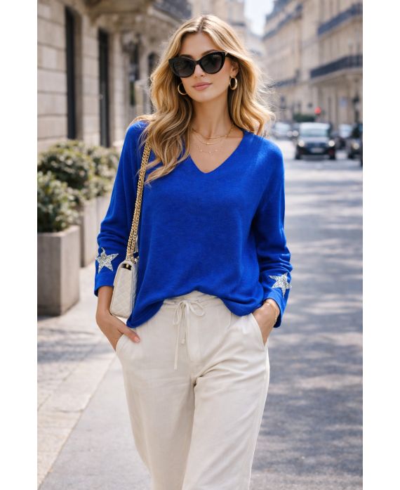 LEKKI SWETER Z GWIAZDĄ RHINESTONE STAR FLOCK, PE2424 ROYAL BLUE