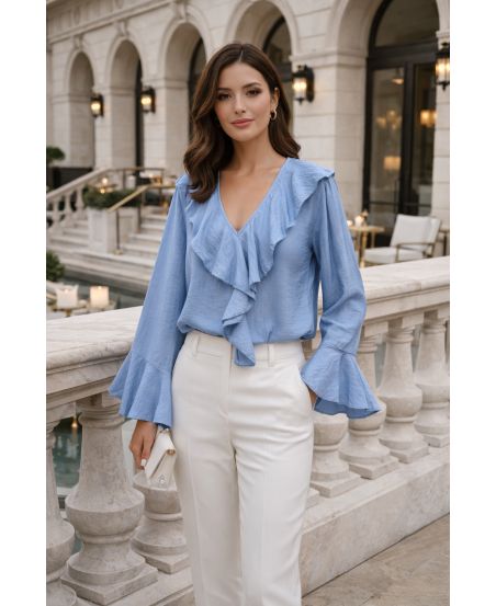 BLOUSE A VOLANTS PE2109 BLEU