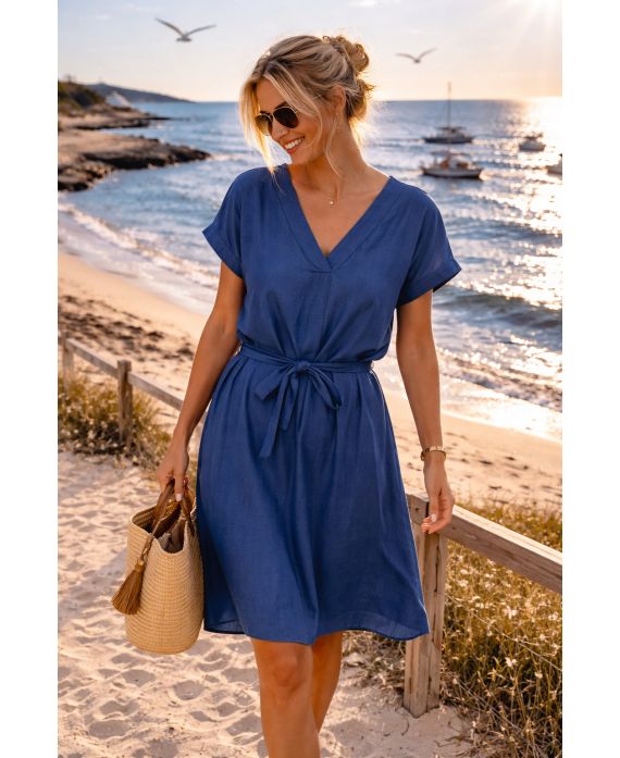 ZWIERIGE, OVERSIZED TENCEL JURK + RIEM 26749 DONKERBLAUW