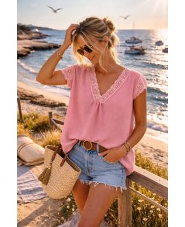 TOP OVERSIZE CARACO DENTELLE PE2463 VIEUX ROSE