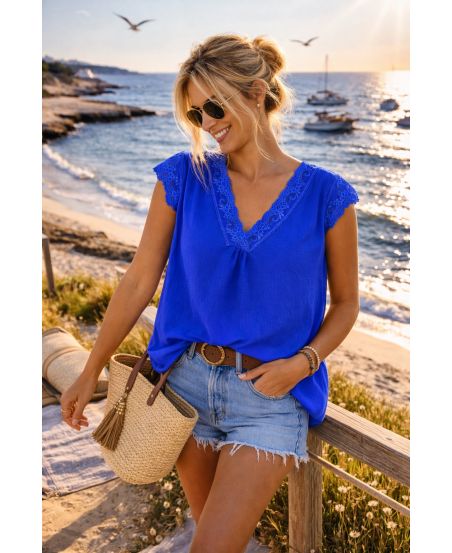 CAMISOLA DE ENCAJE OVERSIZE PE2463 AZUL REAL